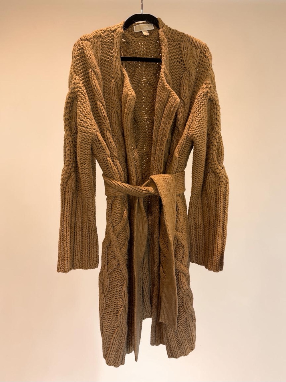 Michael Kors Camel Cable-Knit Belted Long Cardigan